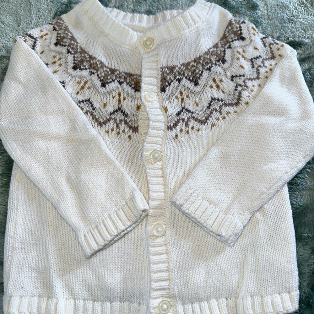 White and Brown Fair Isle Knit Sweater